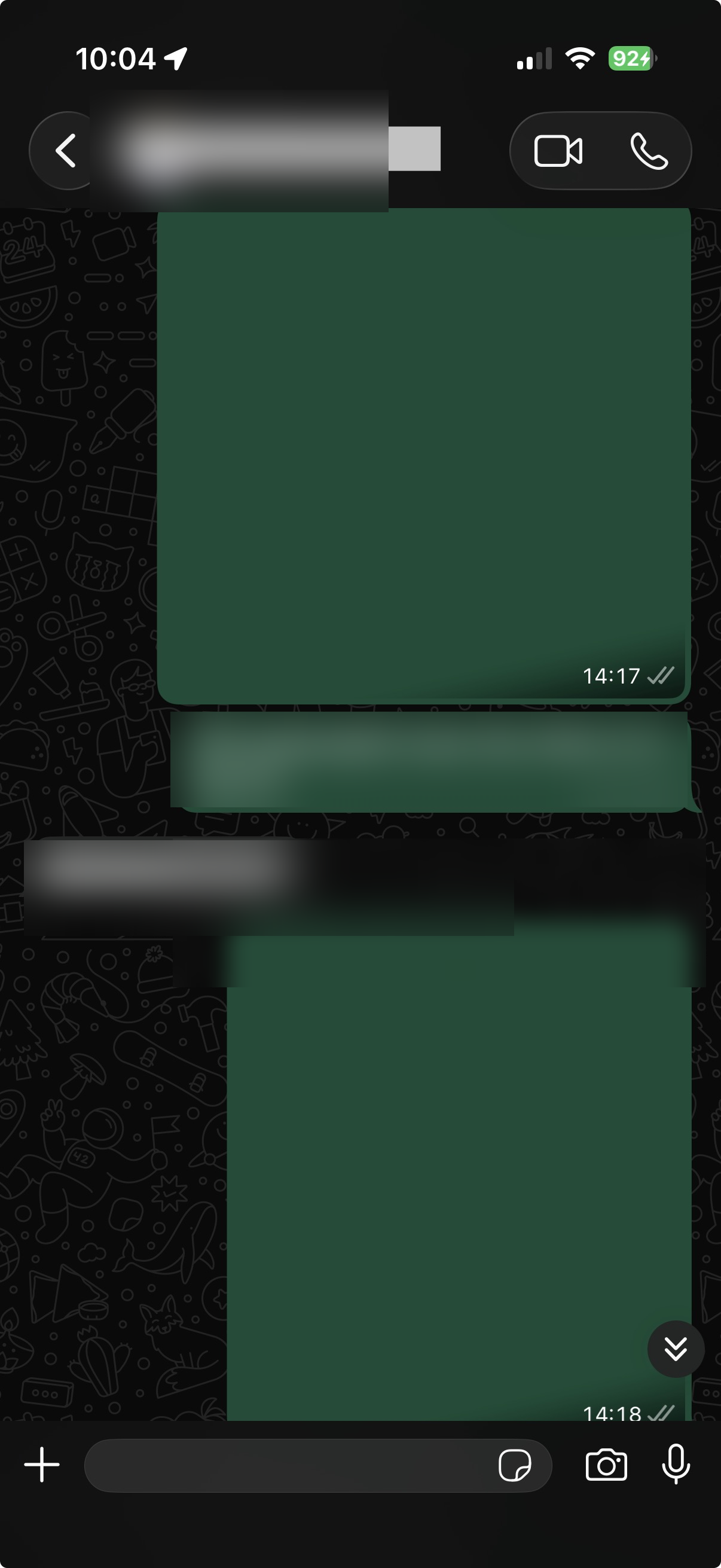 A restored WhatsApp thread: message text present, every image and video an empty grey block. Names and content blurred for privacy.
