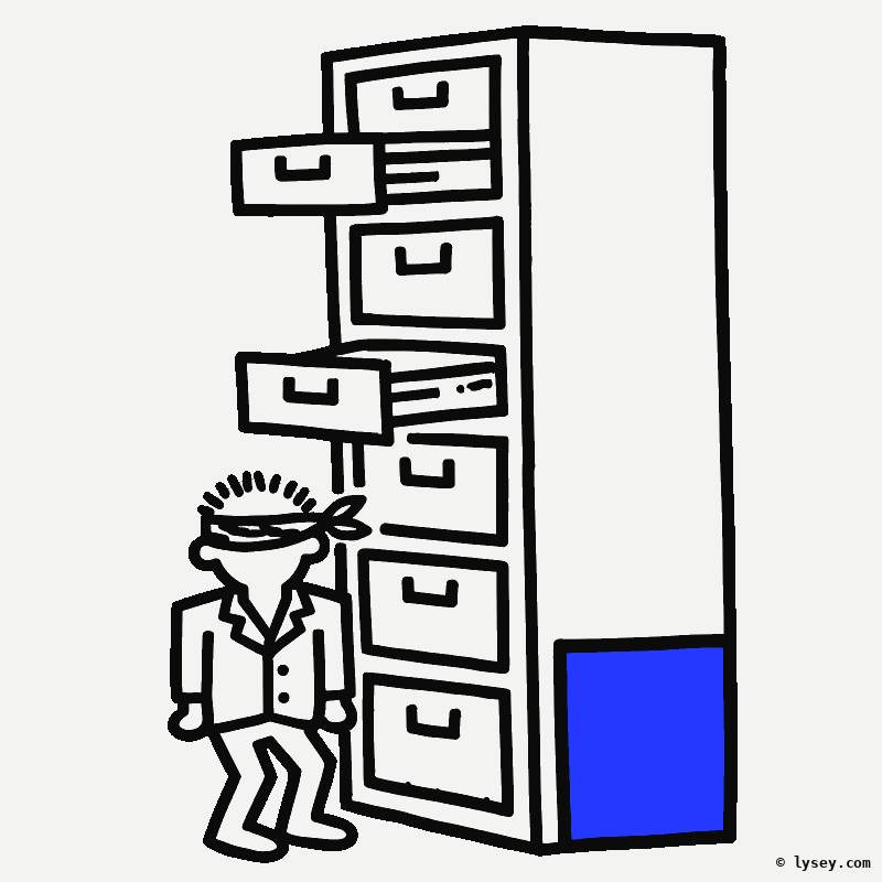 Illustratie: geblinddoekte archivaris voor een torenhoge archiefkast