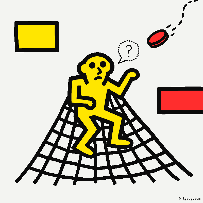 Illustratie: figuurtje verstrikt in een uitdijend net, munt vliegt weg