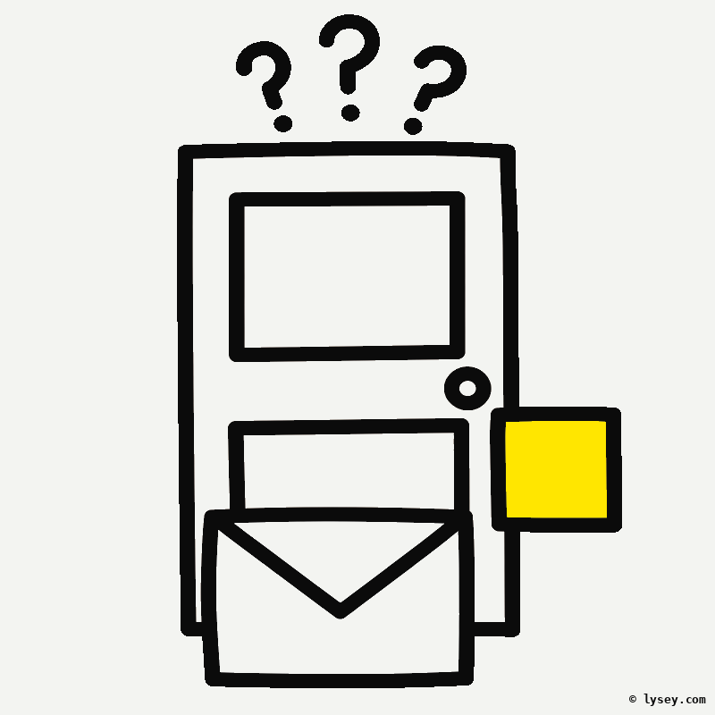 Illustratie: envelop voor een gesloten deur, met vraagtekens